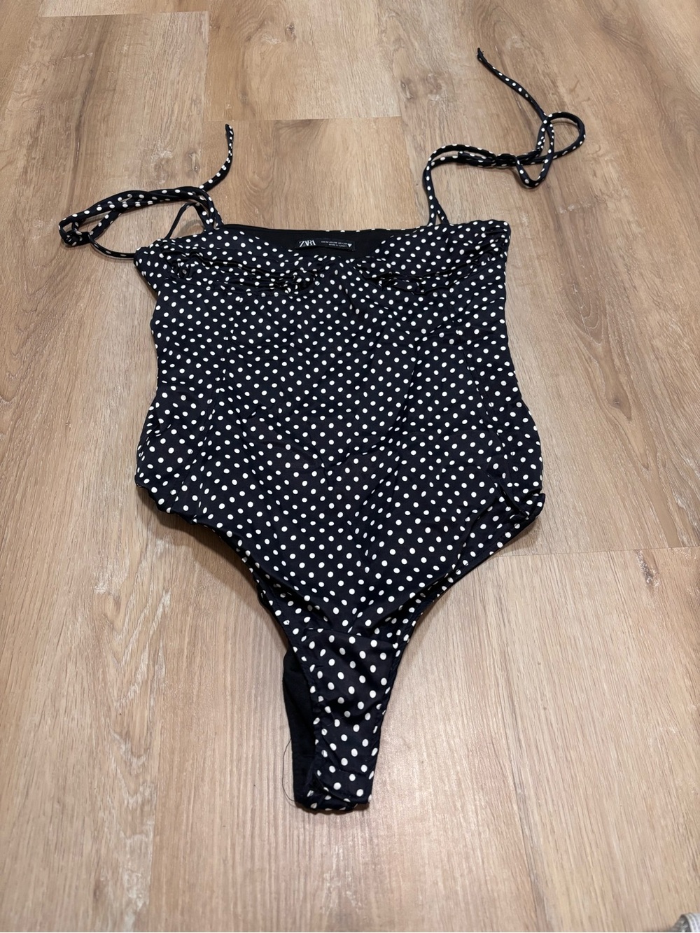 Zara Polka Dot Printed Satin-Effect Bodysuit Black and White Size M